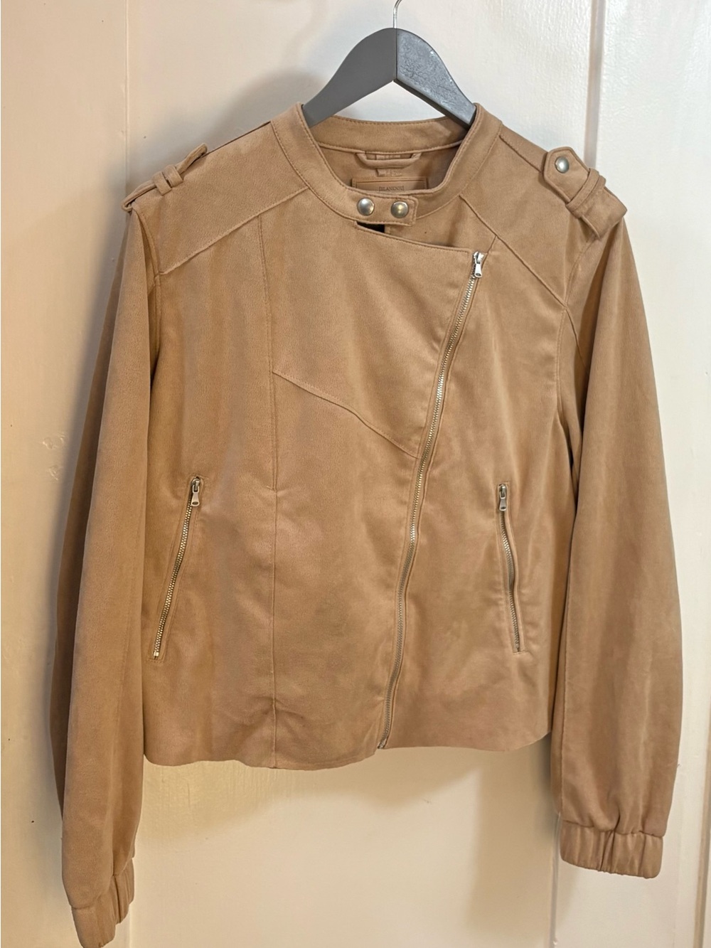 BLANKNYC Tan Faux Suede Draped Moto Bomber Jacket